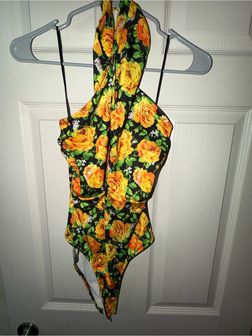 Zara Black One-Piece Swimsuit with Yellow Rose Print M